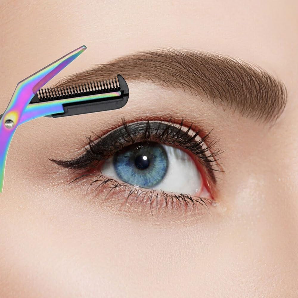 Eyebrow Trimmer Scissor, 2024 New Stainless Steel Eyebrow Scissors with Comb, Non-Slip Facial Hair Removal Trimmer, Portable Professional Eyebrow Trimming Scissors for Men Women, Black