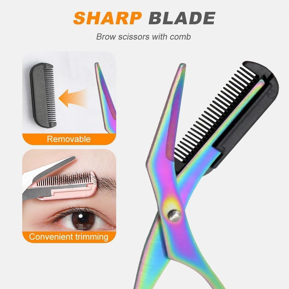 Eyebrow Trimmer Scissor, 2024 New Stainless Steel Eyebrow Scissors with Comb, Non-Slip Facial Hair Removal Trimmer, Portable Professional Eyebrow Trimming Scissors for Men Women, Black