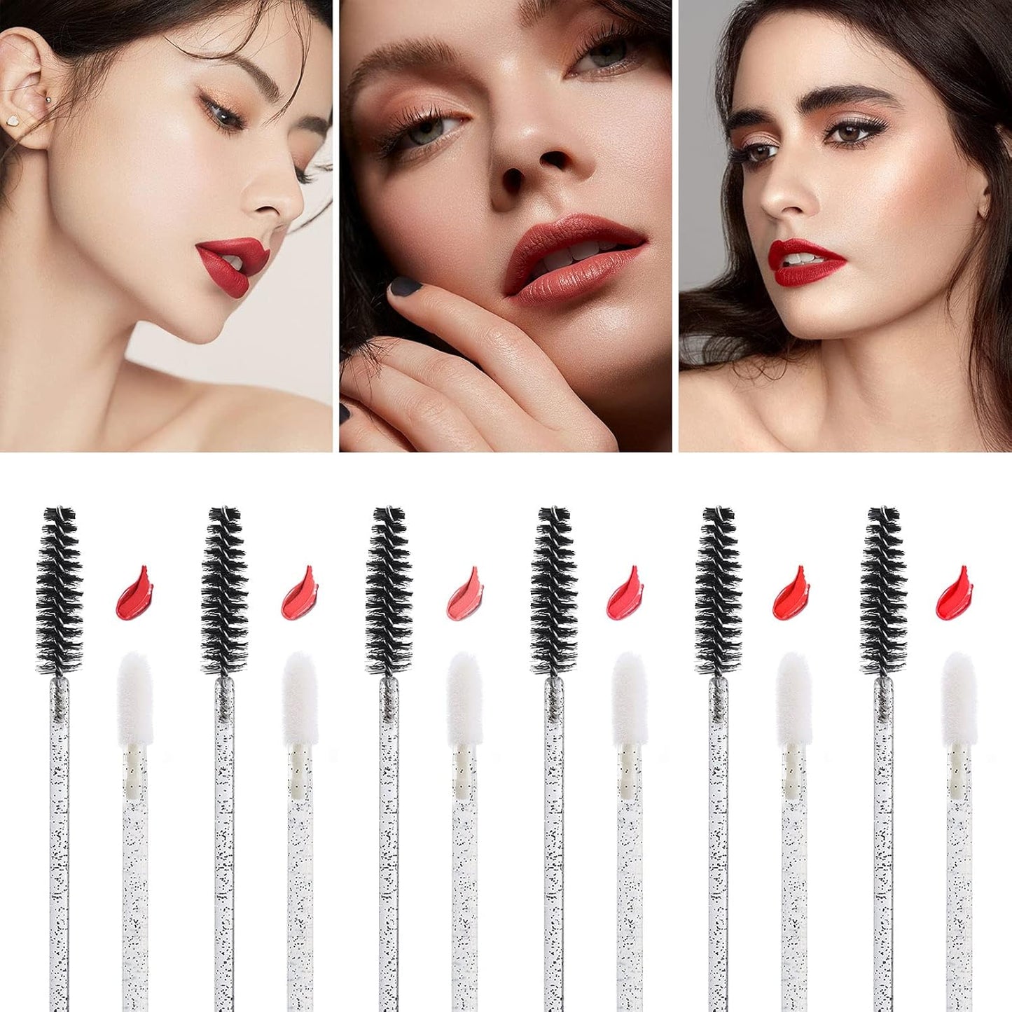 200 Lip Brush and Eyebrow Spoolie, Crystal Disposable Lipstick Applicator, Mascara Wands, Makeup Beauty Tool Kits (Black)