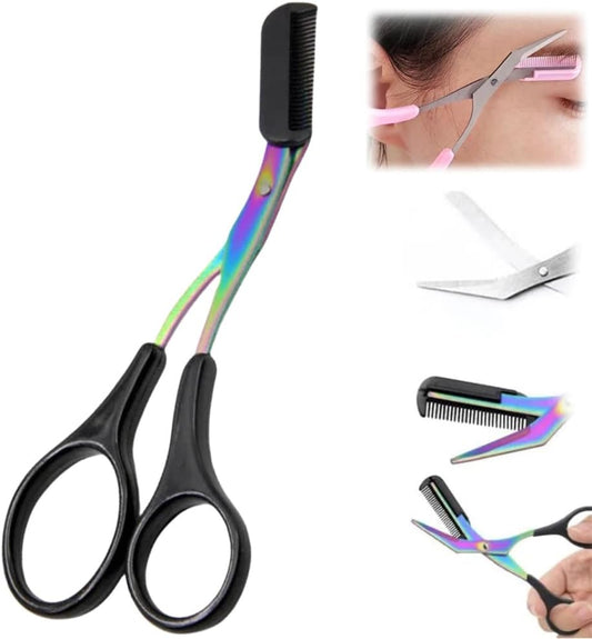 Eyebrow Trimmer Scissor, 2024 New Stainless Steel Eyebrow Scissors with Comb, Non-Slip Facial Hair Removal Trimmer, Portable Professional Eyebrow Trimming Scissors for Men Women, Black